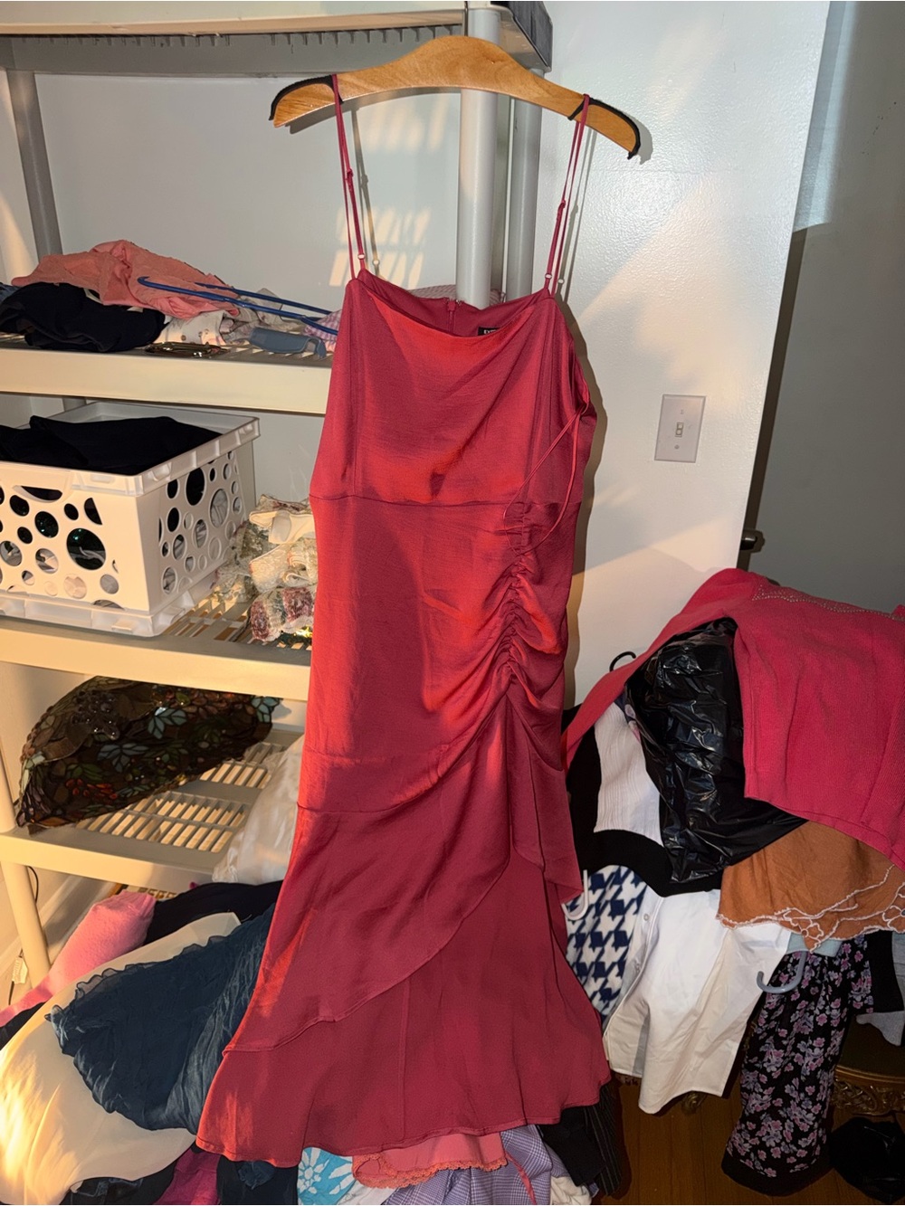 Express Red Satin-Look Midi Slip Dress with Side Ruching